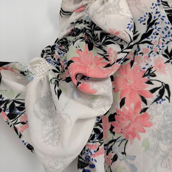 Halogen Womens Floral Top Size M Puff Sleeves Lightweight Semi Sheer Coquette - Picture 4 of 5